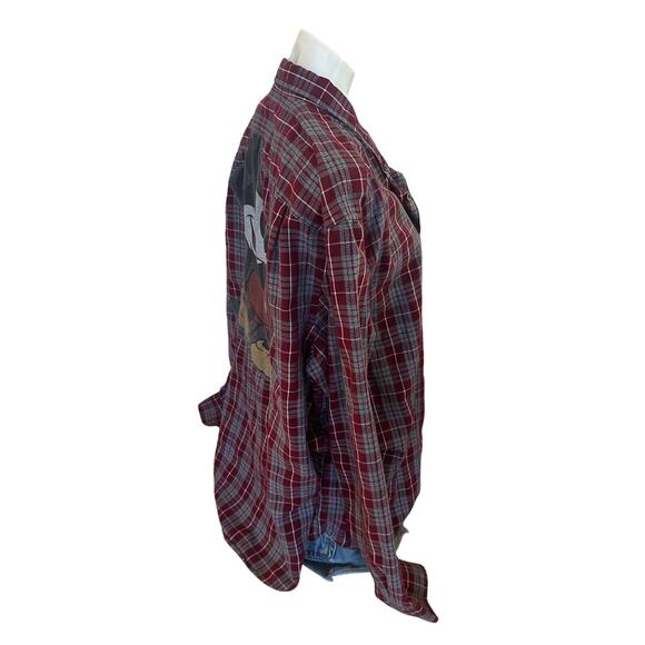 Mickey Mouse Flannel Plaid Shirt Shacket XL Red Oversize Unique Upcycled Disney - Picture 3 of 6